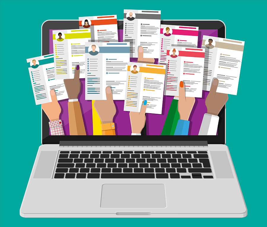 Job resume document out from laptop. Hands holding cv resume papers. Human resources management concept, searching professional staff, work. Found right resume. Vector illustration in flat style