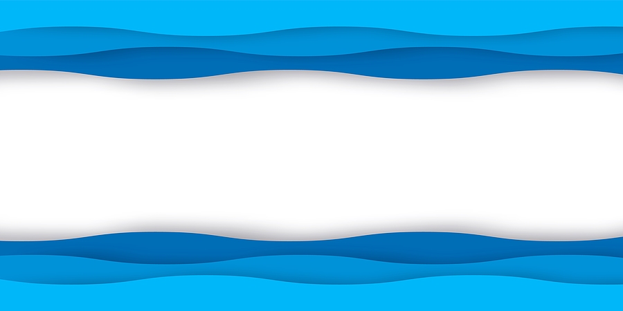 Origami blue water waves. 3D paper cut design. Blank frame with copy space. Wavy borders. Horizontal abstract banner template. Color gradient and shadow effect. Vector marine style mockup